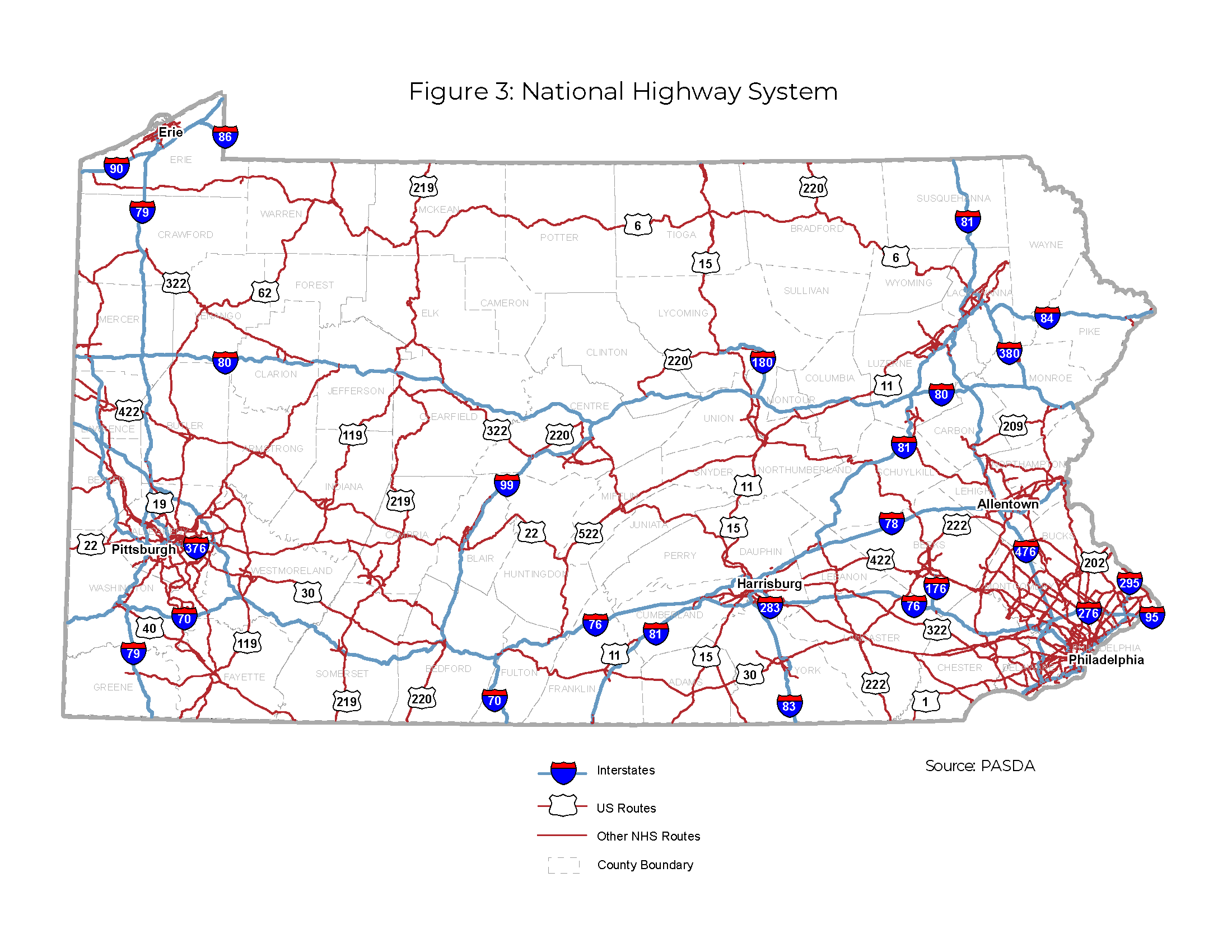 Figure 3 is a state map of Pennsylvania illustrating the National Highway System Routes, Interstates, US Routes, and county boundaries.